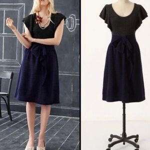 Anthropologie Moth Sweater Dress Wool Blend Lined Navy Blue Gray Ruffle Size S